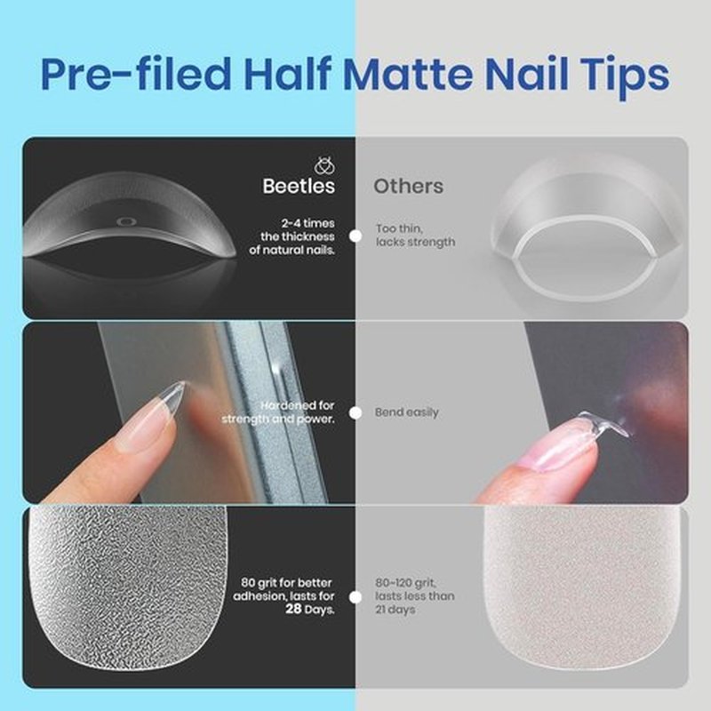 Beetles Gel Nail Kit Easy Nail Extension Set 504Pcs Pre Filed Half Matte Short Coffin Gel Nail Tips with 5 in 1 Multipurpose Glue Gel Base Uv Led Nail Lamp No Wipe Base Coat Soak Off Long-Lasting