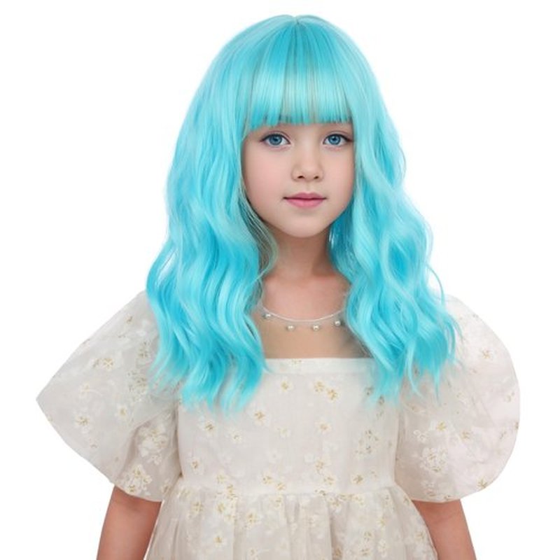 Edivd Teal Blue Wig for Gilrs Kids Short Green Wig with Air Bangs Short Green Child Wavy Curly Wig Heat Resistant Synthetic Wig with Wig Cap