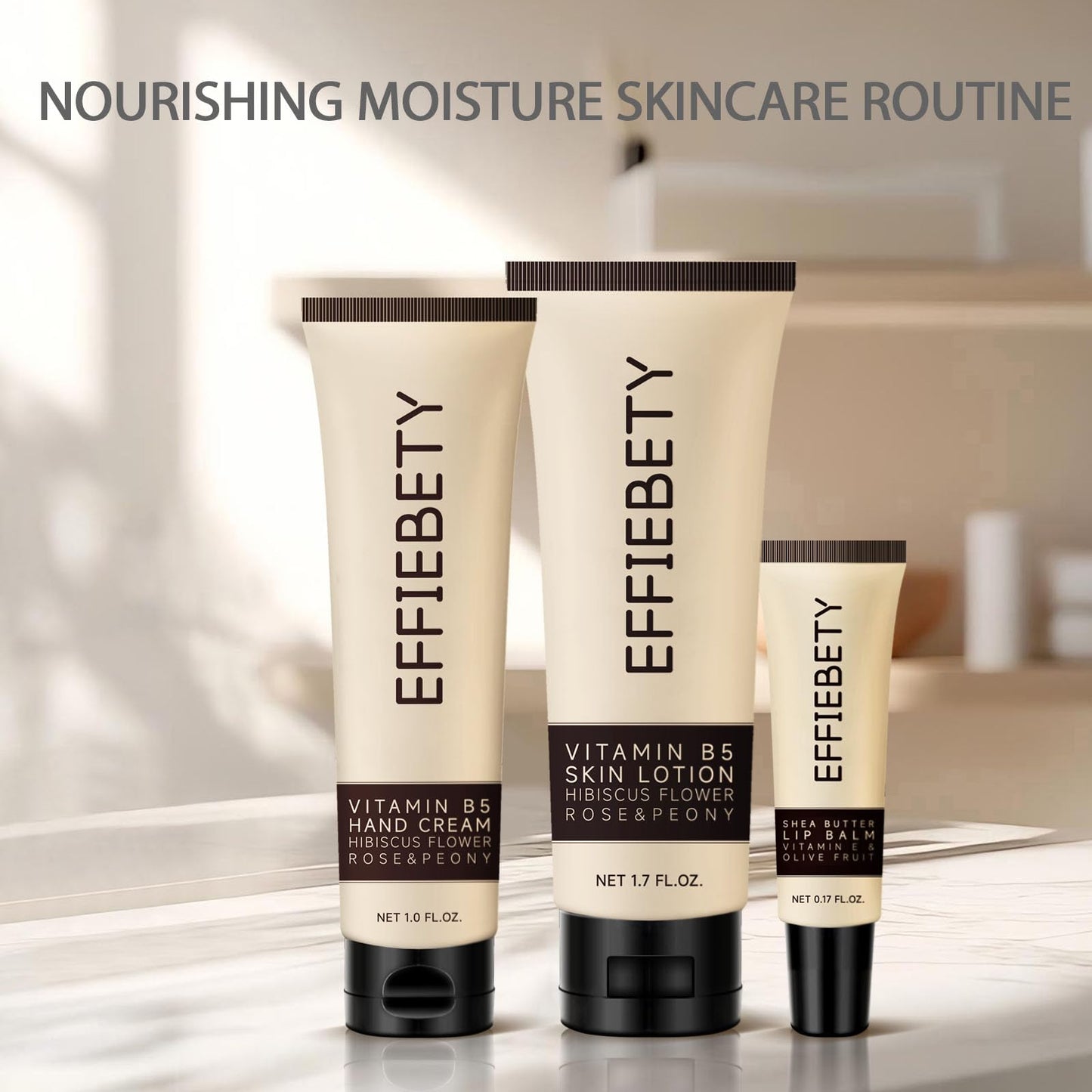 EFFIEBETY 3-in-1 Skin Care Gift Set: Ultra Hydrating Body Lotion, Nourishing Hand Cream & Restoring Lip Balm, with Shea Butter, Coconut Oil & Aloe Vera, For All Skin Types, Daily Moisturizer Combo