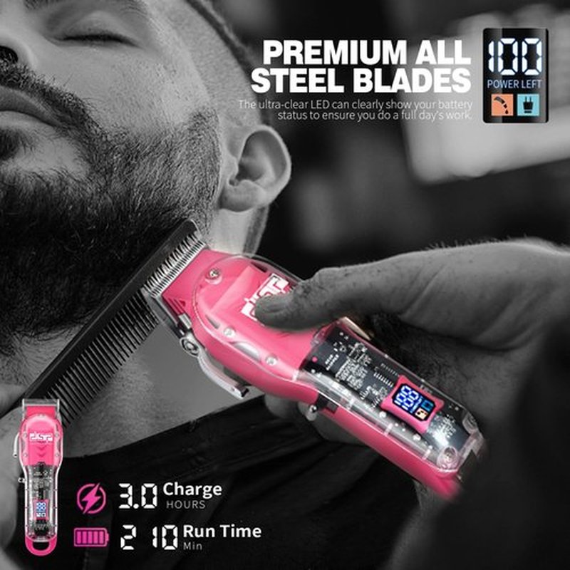 DSP Cordless Barber Clippers for Men - Quiet, Long-Lasting Battery, Stainless Blades, Ideal for Fades & Haircuts, Includes Accessories (Pink Clipper)