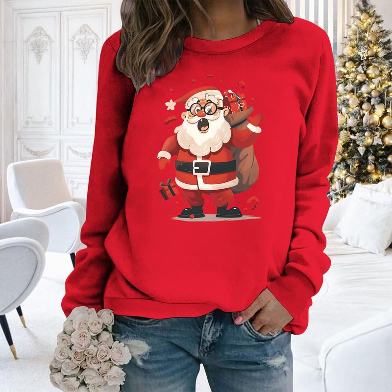 LOAIHA Women's Printed Long-Sleeve Sweatshirt Autumn Crewneck Pullover Patterned Casual Terry Cloth Top Cozy Holiday Wear for Christmas