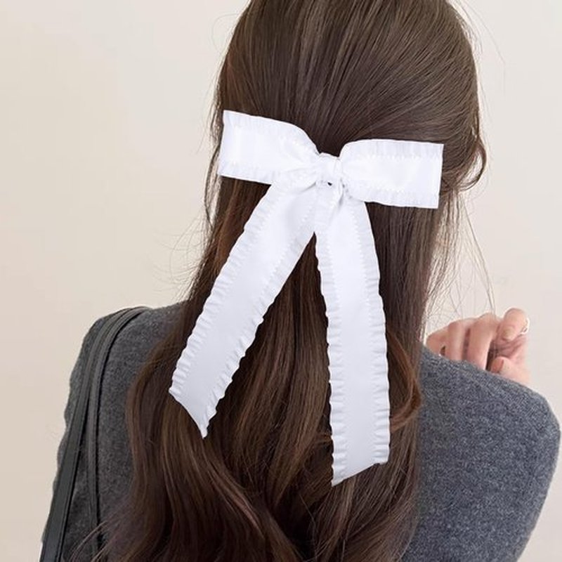 Big Hair Bows for Women Girls White Ruffle Tassel Hair Ribbon Bowknot Hair Clips Barrettes Hair Accessories for Teens Toddler Kids Ponytail Holder Accessories with Long Tail 5.5in