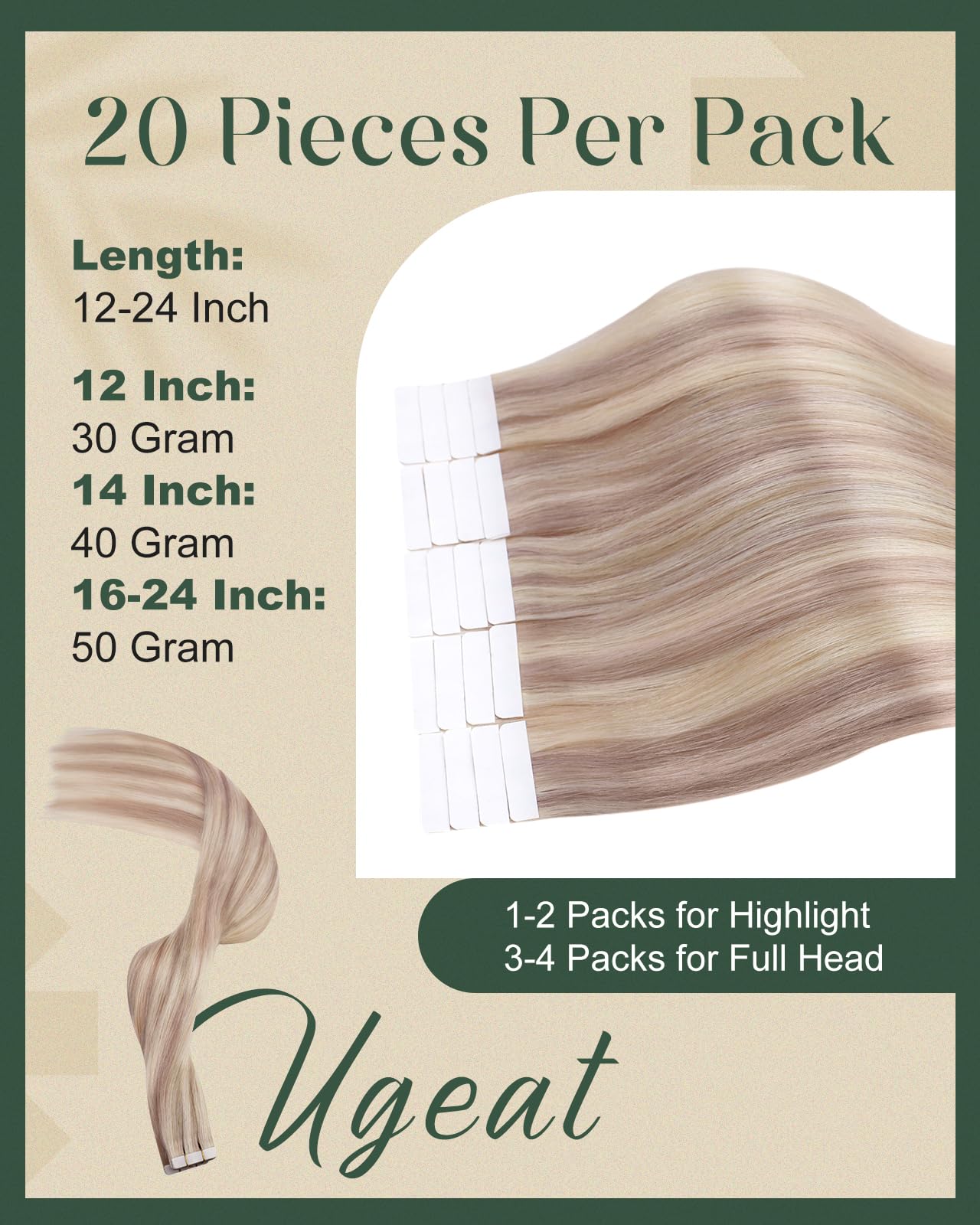 Ugeat Hair Extensions Tape in Human Hair Blonde 16inch Human Hair Tape in Extensions Ash Blonde Highlights Bleach Blonde Natural Tape in Hair Extensions Human Hair 50G 20Pcs
