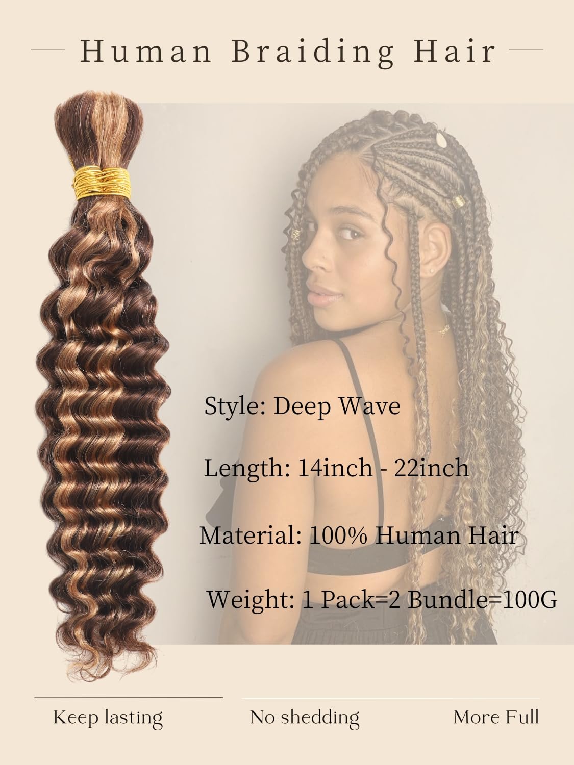 Human Braiding Hair Color #4/27 16 Inch Deep Wave Bulk Human Hair for Braiding No Weft 2Bundles/100g 12A Brazilian Virgin Curly Micro Human Hair Braiding Hair Extensions for Boho Braids