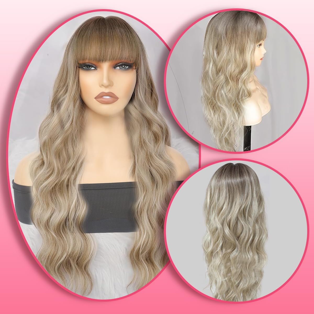 Beaurocks Blonde Wig With Bangs Long Wavy Curly Ombre Wig With Dark Root Wigs For White Women Blonde Wigs With Bangs Synthetic Heat Resistant Wigs for Women Daily Party Use 24inch (Ombre Blonde
