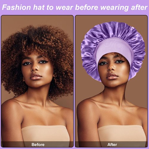 4PCS Silk Bonnet for Sleeping - Hair Satin Bonnets for Black Women Men,Hair Wrap Cap for Curly Hair,Elastic Wide Band Hair Bonnet Shower Cap for Sleeping (Black & Sapphire Blue & Pink & Purple)
