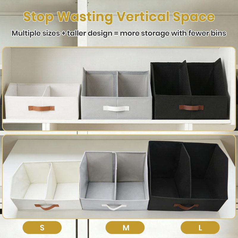 Closet Organizers And Storage - UPGRADED Trapezoid Storage Bin With Leather Handles & Adjustable Dividers, Fabric Collapsible Storage Bins For Clothes Storage & Shelf Organizer (3pcs, Small, Ivory)