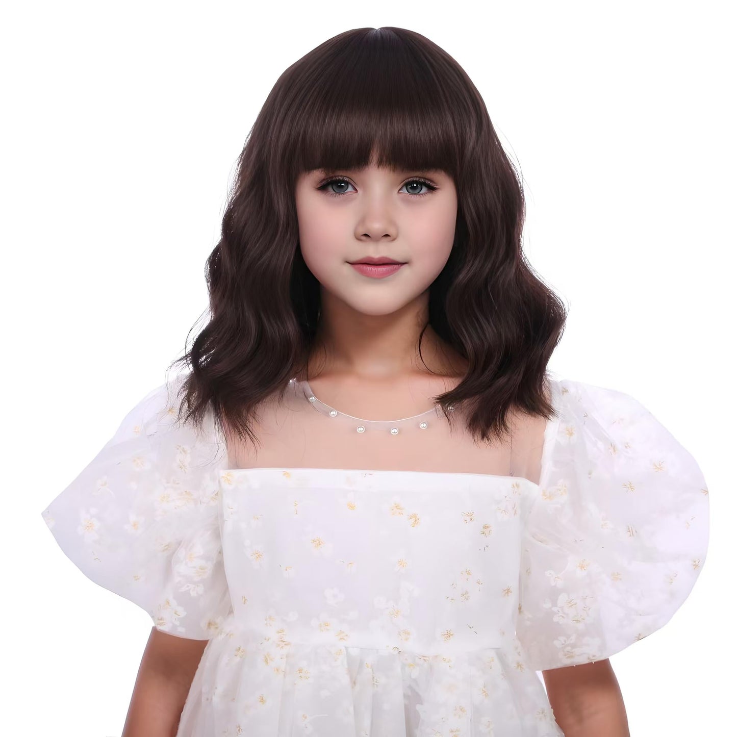 DUDUWIG Dark Brown Wig for Kids Girls Short Chocolate Brown Wavy Curly Wig Brown Wig with Air Bangs for Children Heat Resistant Synthetic Wig with Wig Cap