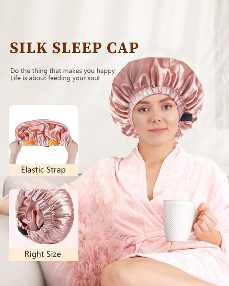 Years calm Silk Bonnet for Sleeping Women, Double Layer Soft Ajustable Elasticity Band Satin Bonnet for Sleeping Hair - Sleep Shower Caps (Light orange, One Size)