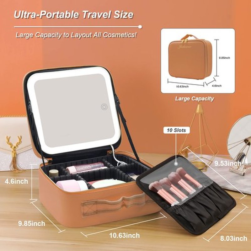 Jadazror Makeup Case, Lighted Mirror, Travel, Waterproof, Brown