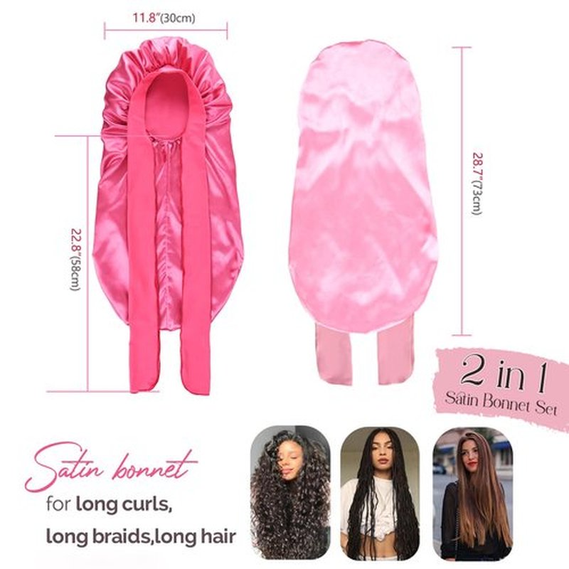YANIBEST 2Pcs Silk Bonnet for Sleeping Braid Bonnet for Long Hair with Tie Band Bonnet for Braids for Black Women Curly Hair Locs,Hot Pink&pink