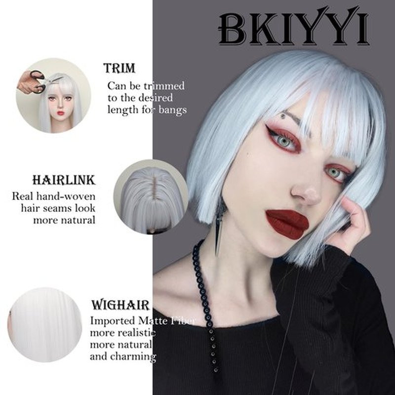 White Bob Wig with Bangs Short White Straight Wig for Women Heat Resistant Synthetic Natural Hair Wig Colorful Bob Wigs for Grils Daily Party Halloween Cosplay Use 13inch