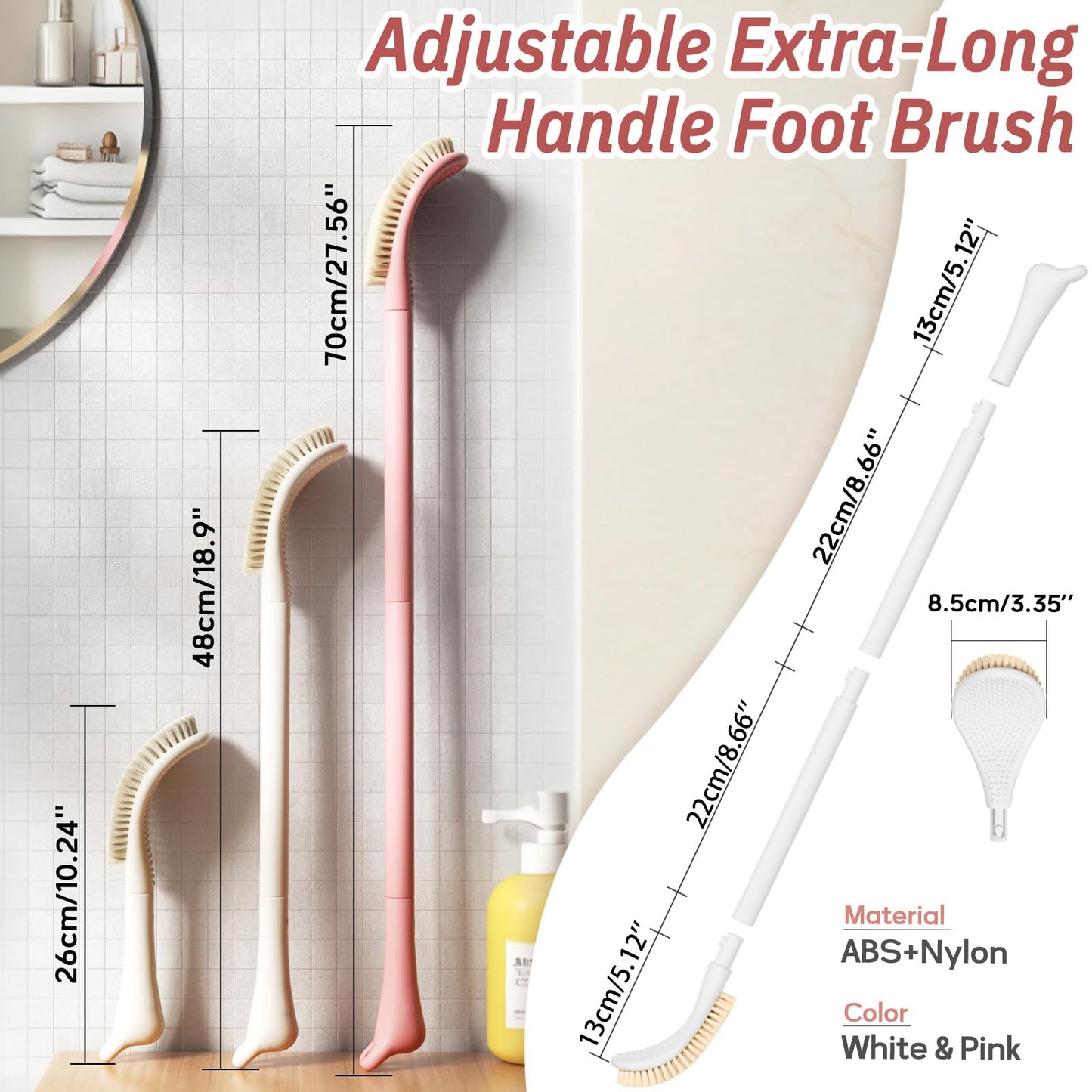 GEENOA New Foot Brush for Shower, 3-in-1 Foot Scrubber for Wet or Dry Brush, Adjustable 10.2’’- 27.5’’ Foot Scrub Brush for Seniors, Pregnant, Disabled, or Injured, Gift-Box Packaged(White)
