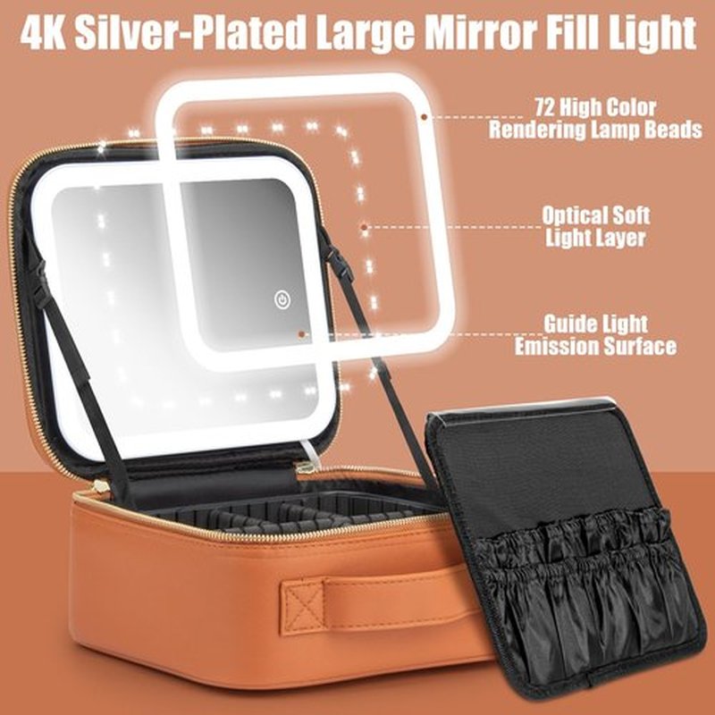 Extrei Gent Makeup Travel Train Case with Mirror LED Light 3 Adjustable Brightness Cosmetic Bag Portable Storage Adjustable Partition Waterproof Makeup Brushes Makeup Jewelry Gift for Women (Brown)