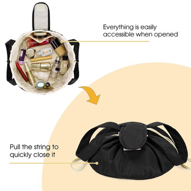 Barrel Drawstring Makeup Bag Large Cosmetic Bag Make up Bags Women Toiletry Organizer for Travel Toiletries Accessories Essentials (Black) (Patent)