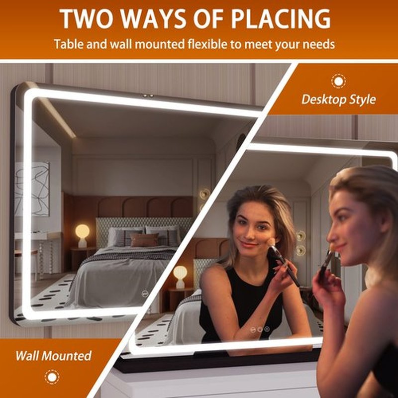 Hasipu Vanity Mirror with Lights, 32" x 22" LED Makeup Mirror, Lighted Makeup Mirror with Dimmable 3 Modes, Touch Screen Control Vanity Mirror Round Black