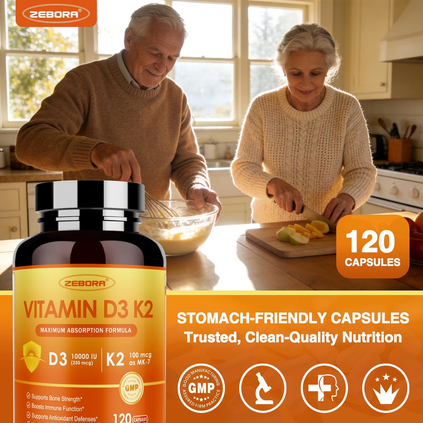 ZEBORA Vitamin D3 K2 - Maximum Strength 10000IU D3 & 100mg K2 as MK-7 - Heart, Bone, Immune Health & Antioxidan Defenses Support - Gluten-Free, Non-GMO, 120 Capsules
