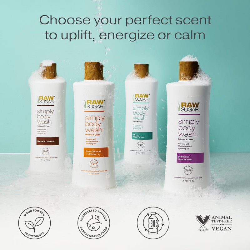 RAW SUGAR Simply Body Wash - Santal + Caffeine, Moisturizing & Soothing Bath & Shower Gel, Sulfate-Free, Paraben-Free & Vegan (25 Fl Oz, Pack of 1)