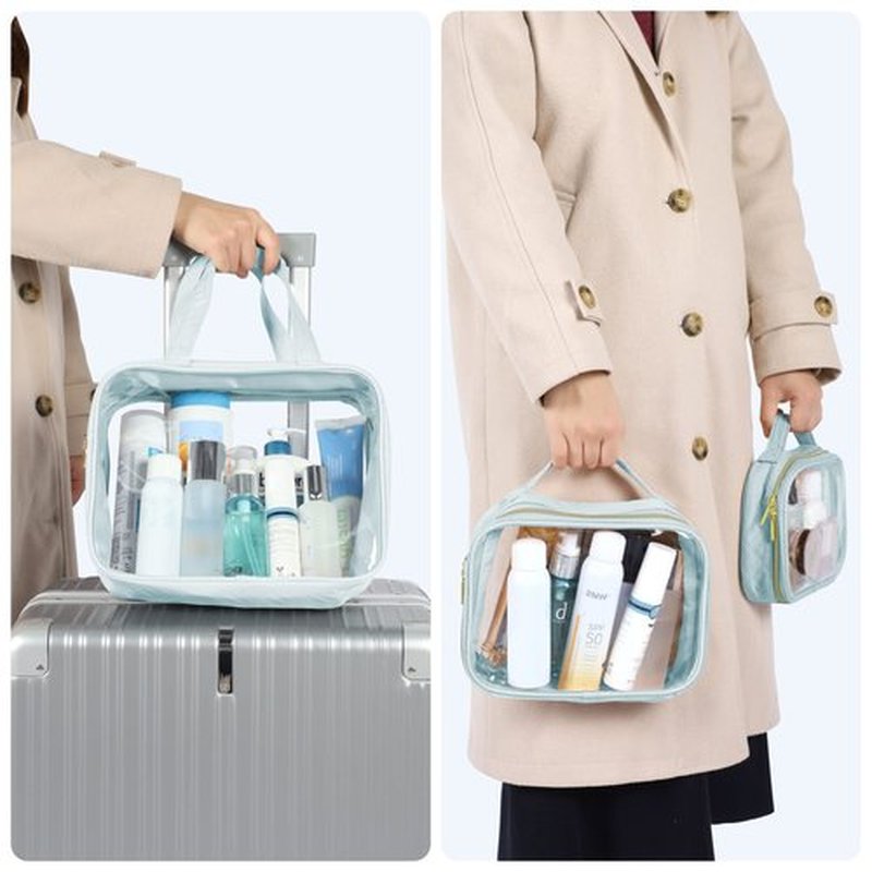 PACKISM Clear Toiletry Bags, 3 Pack Clear Makeup Bags with Handle Large Opening, Waterproof Clear Cosmetic Bags Fit Carry-on Travel Essentials, Travel Accessories Clear Travel Bags, Grayish Blue