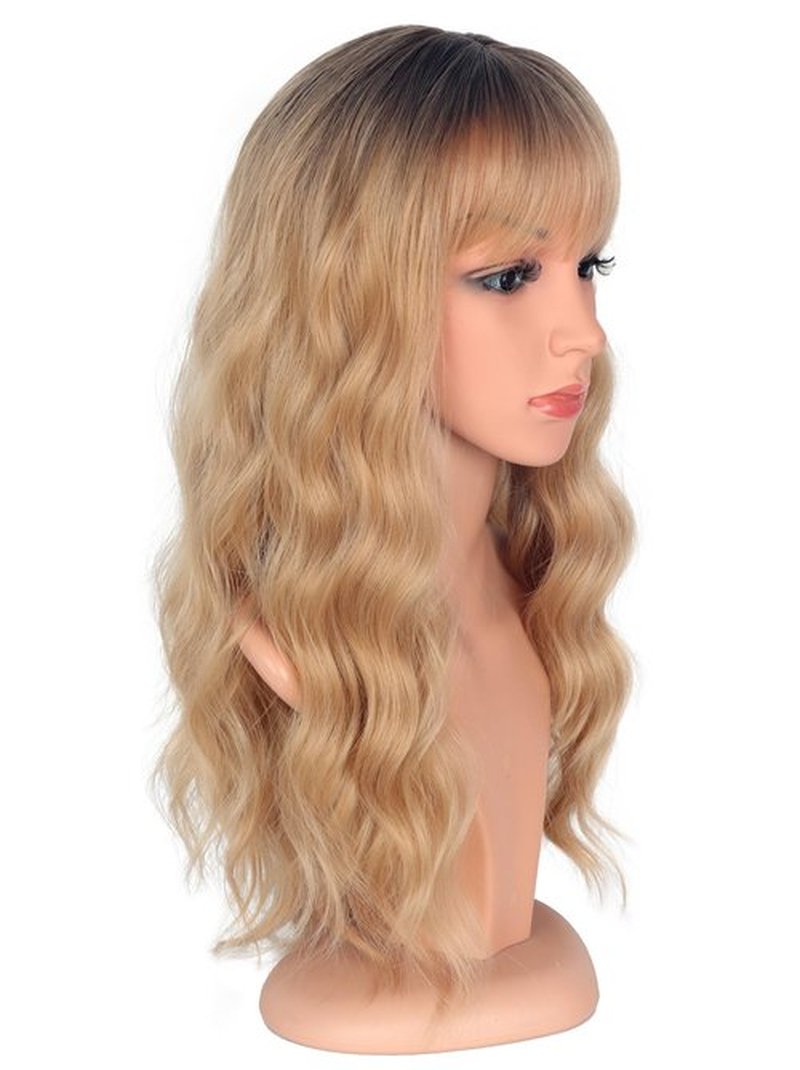 SYMEIW Medium Long Blonde Wavy Wigs For Women Synthetic Full Hair Blonde Wigs With Bangs For Daily Use (Blonde)