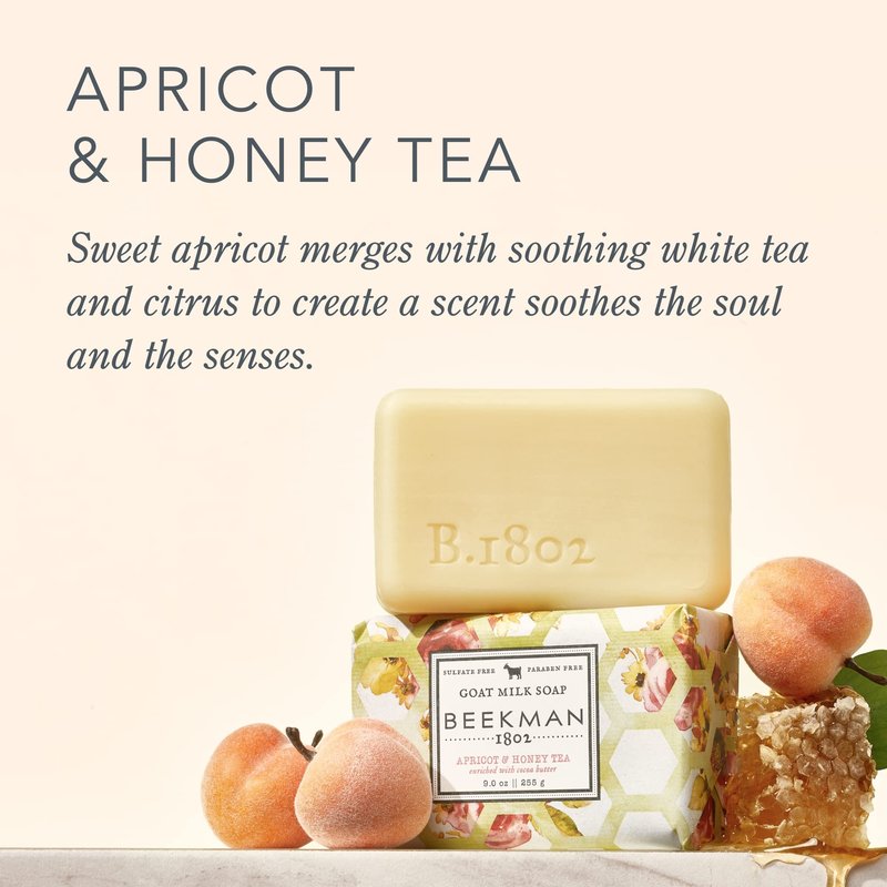 Beekman 1802 Goat Milk Body Soap Bar, Apricot & Honey Tea - Scented - 9 oz - Nourishes, Moisturizes & Hydrates - 100% Vegetable Soap with Lactic Acid - Good for Sensitive Skin - Cruelty Free