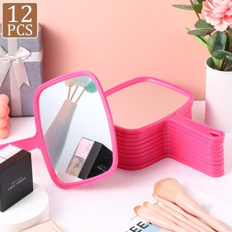 Geetery 12 Pcs Hand Mirror Handheld Cosmetic Mirror with Handle Makeup Mirror Wall Mount for Bathroom Home Barber Salon Travel Portable Beauty School Gift for Women Student 6.69 x 9.45 Inch (Rose Red)
