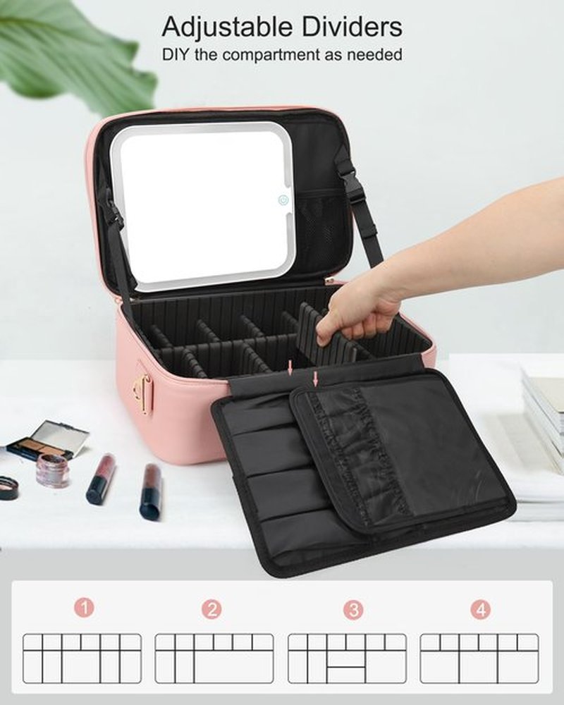 Relavel Makeup Bag with LED Mirror, Makeup Case with Lighted Mirror, Large Capacity Travel Cosmetic Train Case Organizer Box for Women, Dividers and Rechargeable Vanity Mirror (Pink)