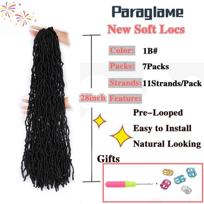 Paraglame Soft Locs 28 Inch New Faux Locs Crochet Hair 7 Packs Pre looped Crochet Locs Synthetic Hair Natural Black for Women(28Inch, 1B#)
