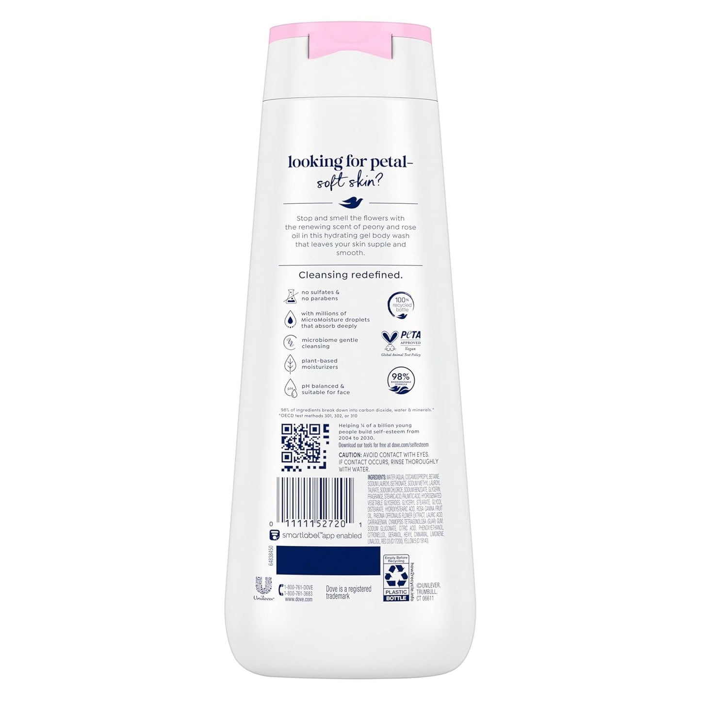 Dove Body Wash 100% Gentle Cleansers, Sulfate Free Peony and Rose Oil Effectively Washes Away Bacteria While Nourishing Your Skin, 22 Fl Oz (Pack of 4)