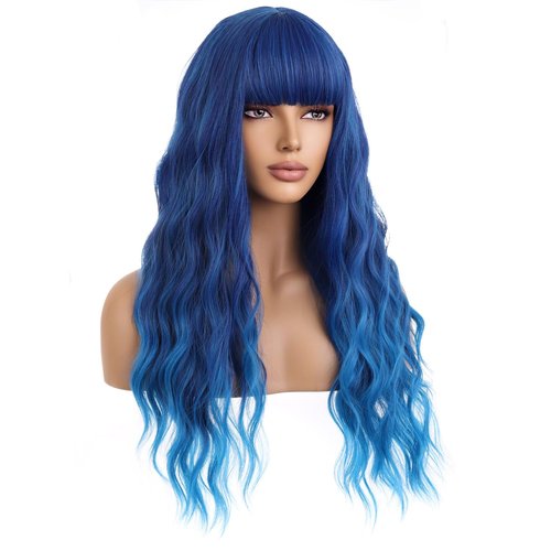 WTHCOS Blue Wig for Women Long Curly Wavy Blue Wig With Bangs Mixed Blue Wig Heat Resistant Synthetic Wig with Wig Cap (Mix Blue)