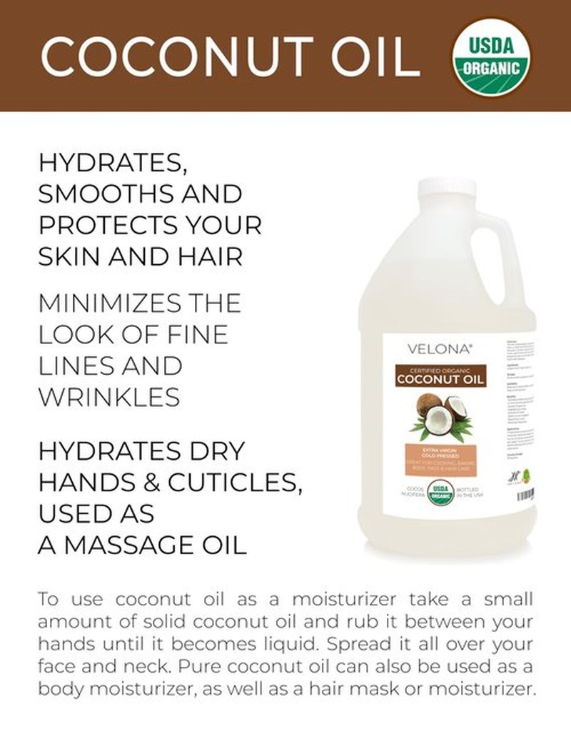 Velona USDA Certified Organic Coconut Oil Extra Virgin - 1 Gallon / 128 Fl Oz | Food and Cosmetic Grade | in jar | Extra Virgin, Cold-Pressed