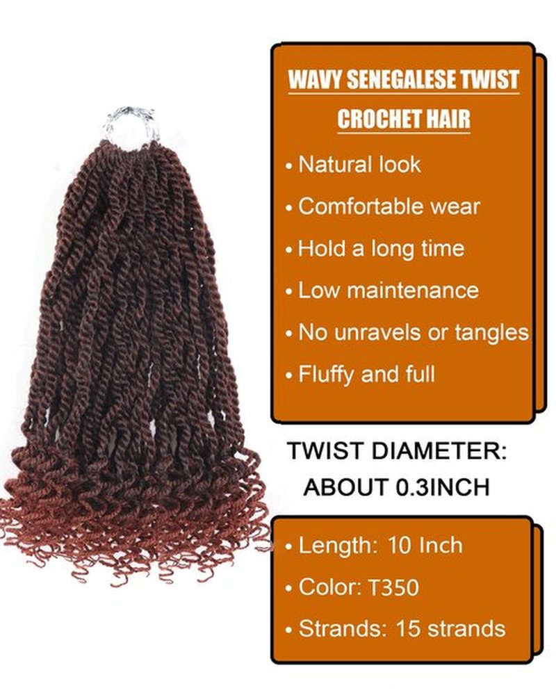 Burgundy Crochet Hair Short 10 Inch Senegalese Twist Crochet Hair Ginger Pre Looped Crochet Hair for Black Women 8 Packs Crochet Twist Hair with Curly Ends (10 Inch,T350)