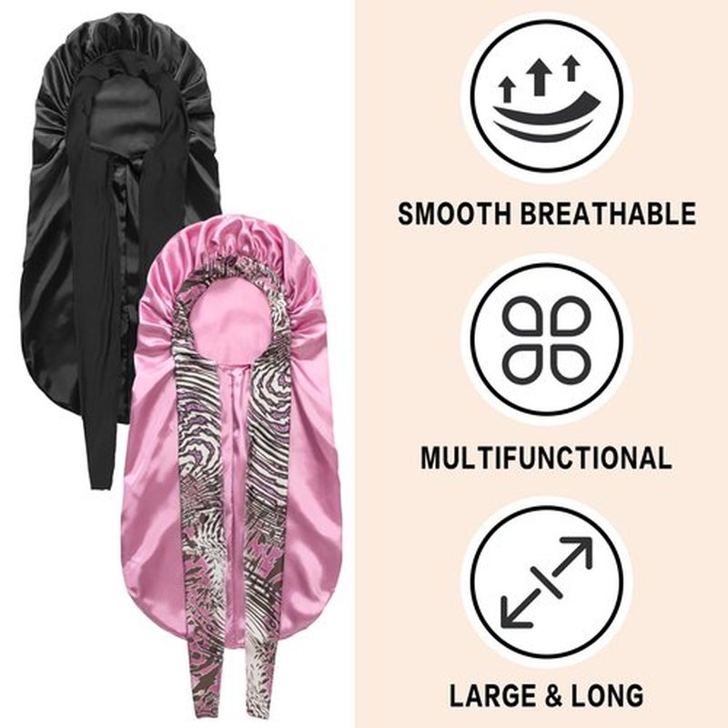 2Pack Bonnets for Black Women Braid Bonnet, Large Long Bonnet Satin Bonnet for Braids,Black Women Silk Bonnet with Stretchy Tie Band Braid Bonnet for Sleeping Extra Long (Black&Pink Pattern)