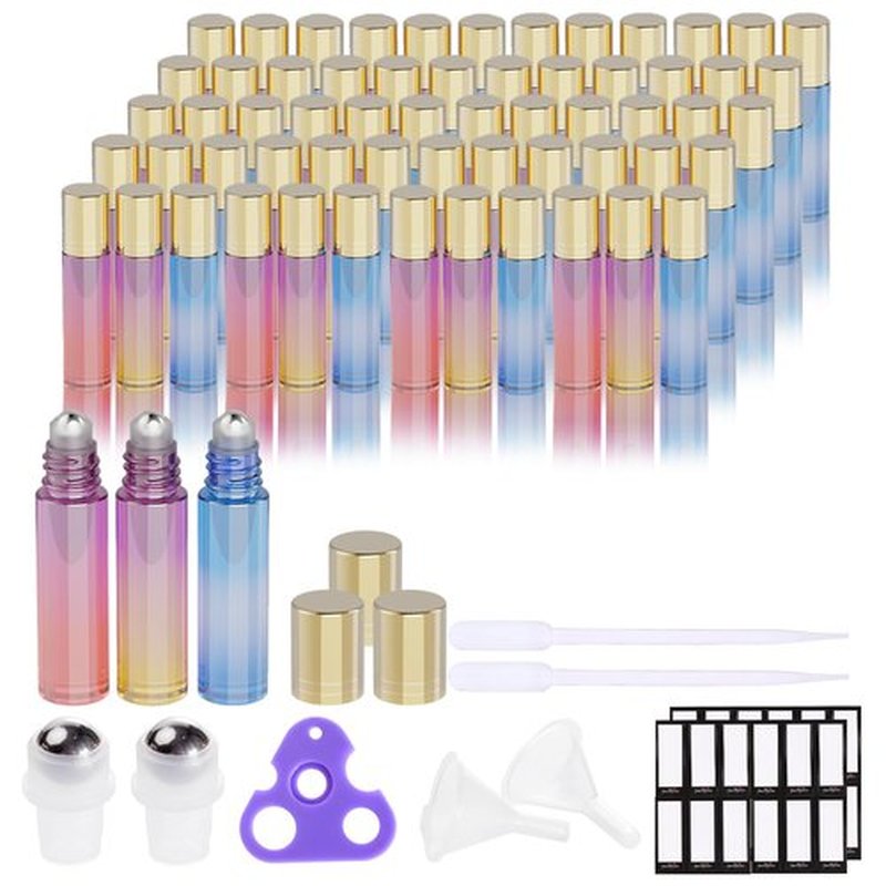 PrettyCare Roller Bottles For Oils 10 ml (Multicolor Glass, 60 Pack, 10 Extra Stainless Steel Balls, 72 Labels, 4 Opener, 6 Funnels Essential Oil Roller Bottles, Roller on Bottles
