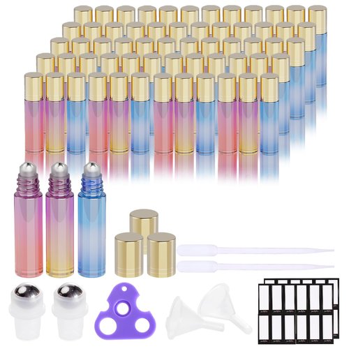 PrettyCare Roller Bottles For Oils 10 ml (Multicolor Glass, 60 Pack, 10 Extra Stainless Steel Balls, 72 Labels, 4 Opener, 6 Funnels Essential Oil Roller Bottles, Roller on Bottles