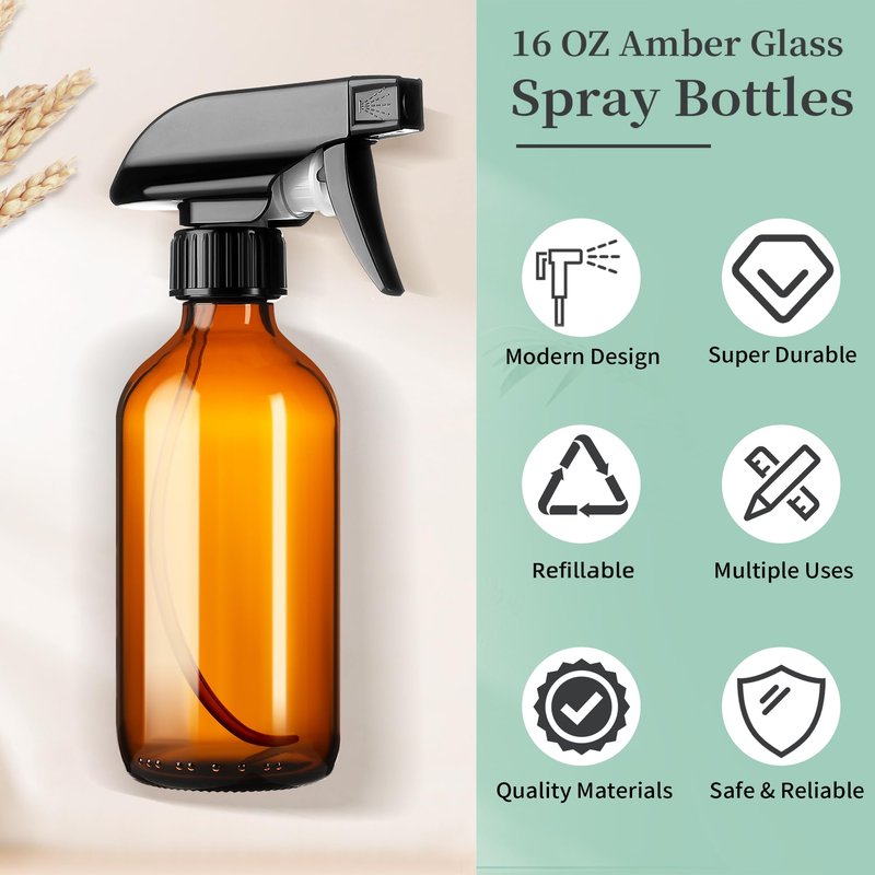 GIVAMEIHF 8oz Amber Glass Spray Bottles,6 Pack Glass Spray Bottles Refillable Empty Bottle with Adjustable Nozzle,Spray Bottle for Essential Oils,Cleaning Solutions,Pets,Hair Mister,Gardening