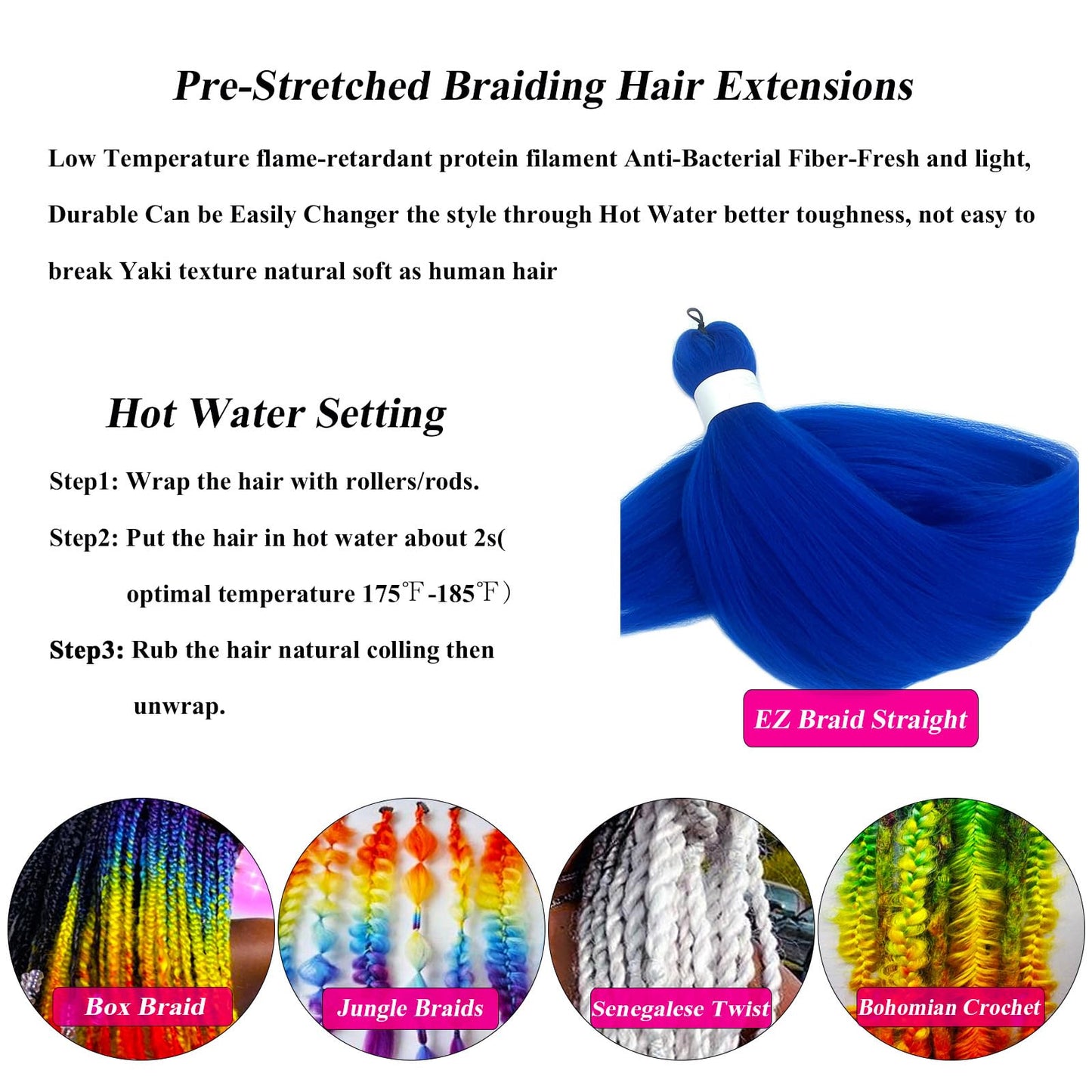 Blue Braiding Hair Pre Stretched Prestretched Braiding Hair 26 inch Long Kids Braiding Hair Extensions for Braiding Box Micro Braids Synthetic Clean Therapy Knotless Braiding Hair (Blue 3packs)