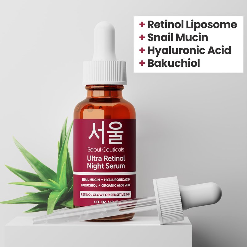 SeoulCeuticals Korean Retinol Night Serum + Retinol Night Cream for Face + 97.5% Snail Mucin for Sensitive Skin