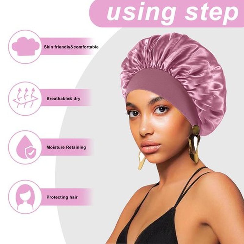 4PCS Silk Bonnet for Sleeping,Hair Wrap Satin Bonnets Shower Cap for Black Women Men, Elastic Wide Band Hair Bonnet Cap for Sleeping Curly Hair(Black & Bean Paste Pink & Purple & Brown)