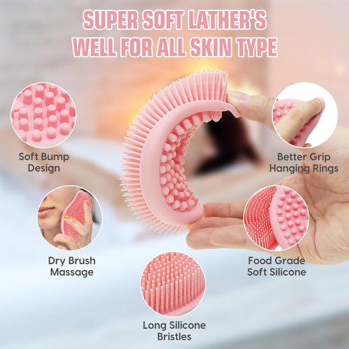 VWMYQ Silicone Body Scrubber Pro 2-in-1 Shower Scrubber for Body Care, Lathers Well, Silicone Loofah and Body Scrubber Exfoliator for Men and Women (Pink, Body + Massage)