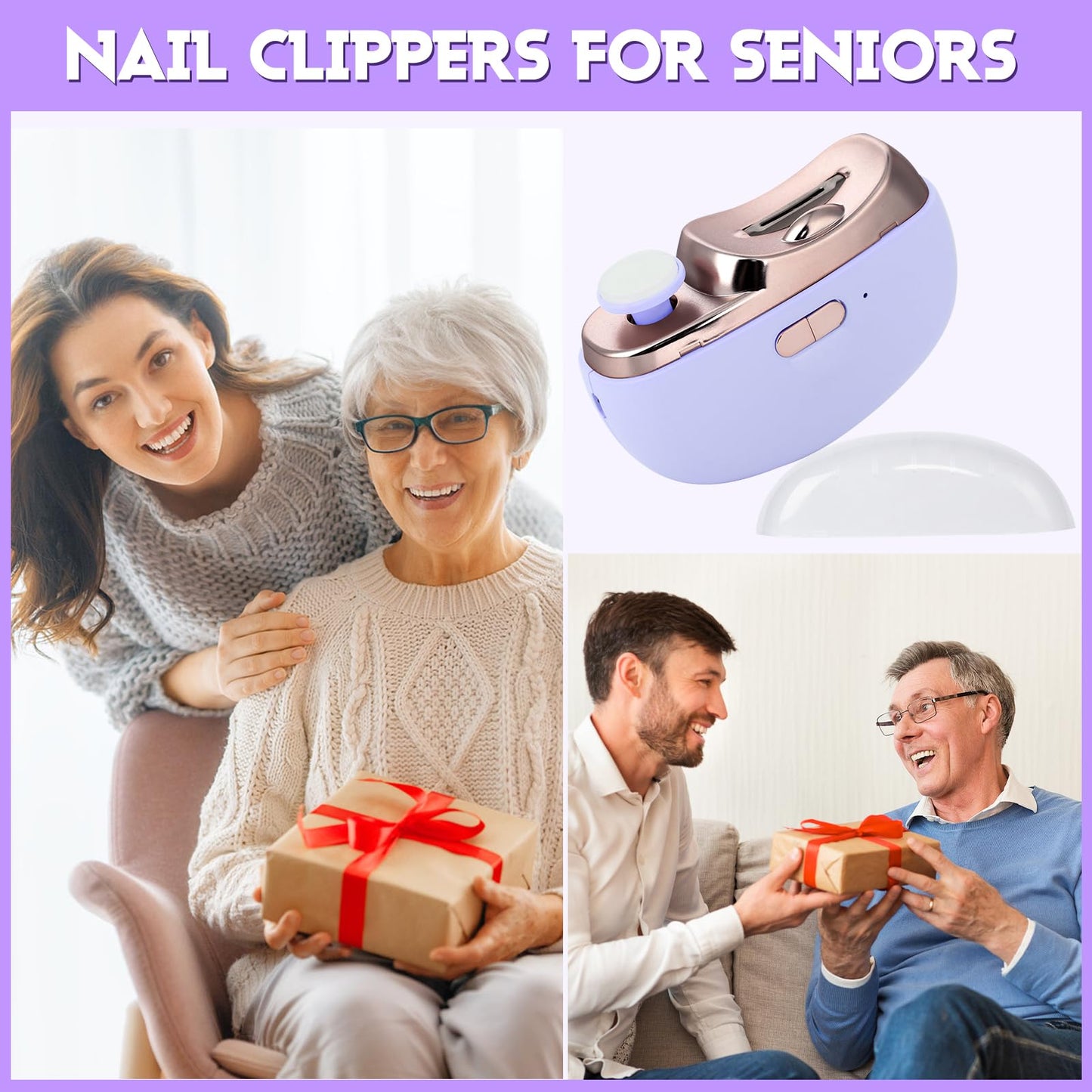 3 in 1 Automatic Electric Nail Clipper with Polishing, Safe and Convenient Nail Trimmer with Nail Clip Storage, 2 Speed Electric Toe Nail Clippers Nail Cutter with Light for Kids Adults (Purple)