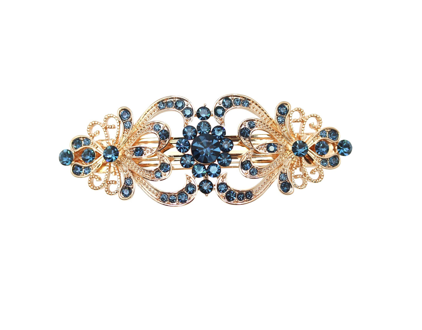 Faship Gorgeous Navy Blue Rhinestone Crystal Hearts And Floral Hair Barrette