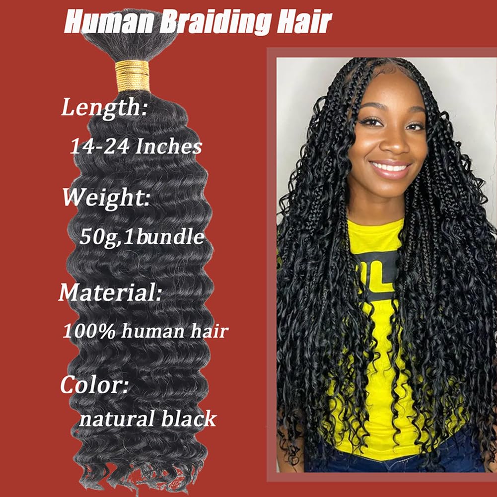 Human Braiding Hair Deep Wave Bulk Human Hair for Braiding 1 Bundle 50g Wet and Wave Deep Curly Braiding Hair for Boho Braids Brazilian Virgin Human Hair Extensions Natural Color