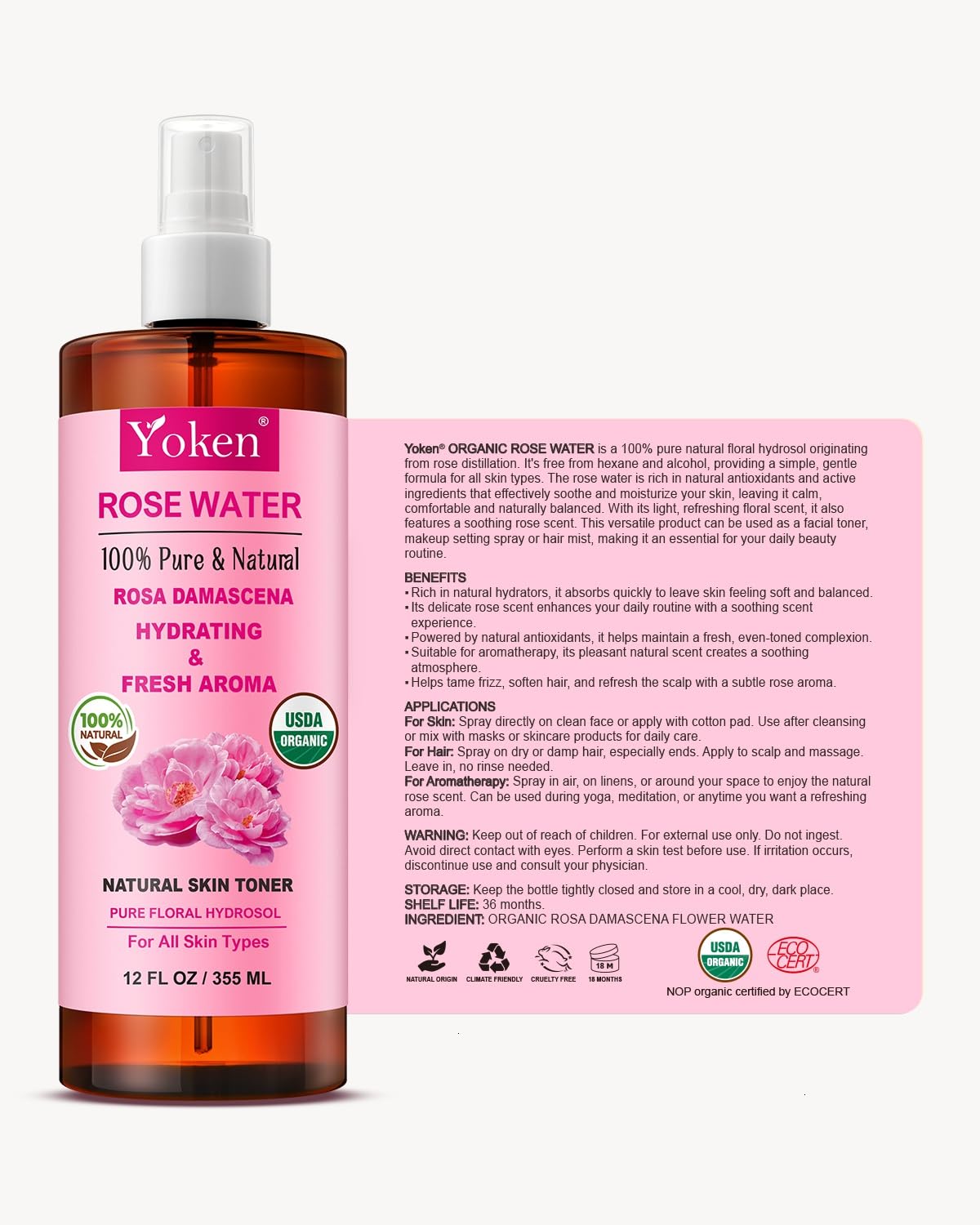 Yoken Organic Rose Water Spray 12oz, USDA Organic Face Mist, Alcohol Free