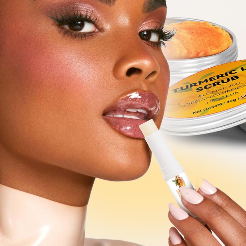 HAIOLORPRO 4PCS Turmeric Lip Scrub and Turmeric Lip Balm with Brush Set, Natural Lip Scrubber Exfoliator for Dry, Dull, Chapped, Dark lips, Reduces Fine Lines, Deeply Hydrates and Moisturizes
