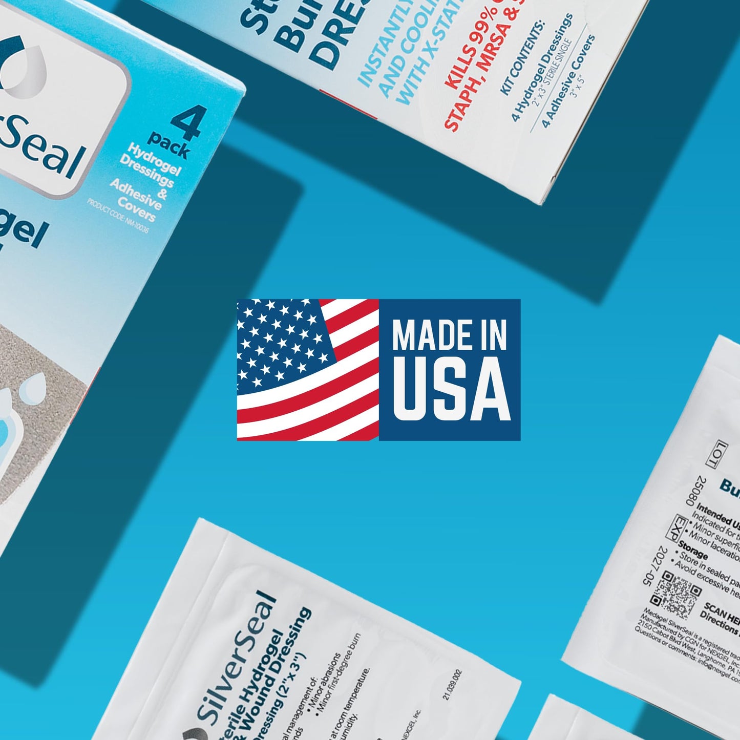 SilverSeal Hydrogel Burn & Wound Dressing Kit with X-Static Silver - FDA Cleared Care for Burns, Cuts & Wounds – Soothing Moisture, Relief & Protection - 4 (2”x3”) Hydrogels + 4 (3”x5”) Adhesive Pads