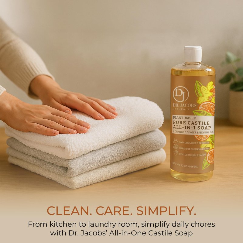 Dr. Jacobs Naturals Orange & Ginger Castile All-In-One Cleaner and Soap - Plant-Based Formula for House Cleaning Floors and Appliances - Gentle on Skin and the Planet - 32 oz, 1 Pack