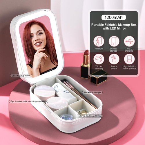 BS-MALL Travel Cosmetic Mirror Case LED Makeup Mirror Storage Case for Eyelash station Makeup Brushes Cosmetic Tools Pink On-the-go Makeup Needs (White)…