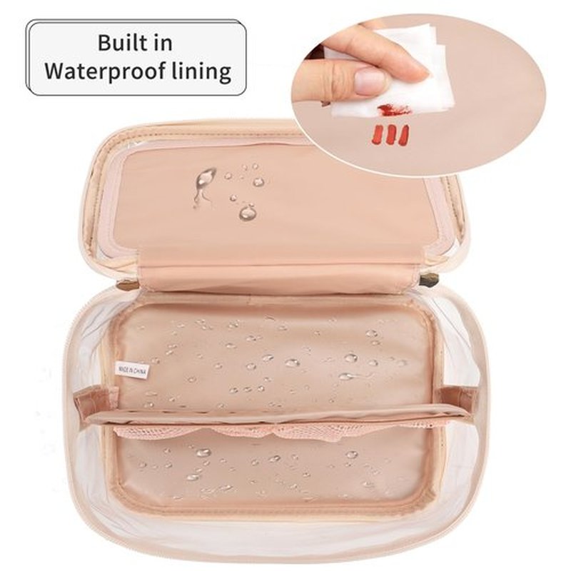 OCHEAL Makeup Bag, Clear Makeup Organizer Bag Portable Cosmetic Bag, Cute Transparent Makeup Case For Women and Girls traveling Storage with zipper Divider Brush Compartment-Clear Beige white