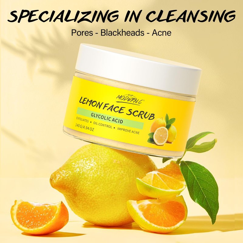 Lemon Face Scrub with Glycolic Acid Microdermabrasion Facial Scrub AHA Exfoliating for Women Men Safe Vegan Improves Acne Blackheads Soft Soothing without Irritation